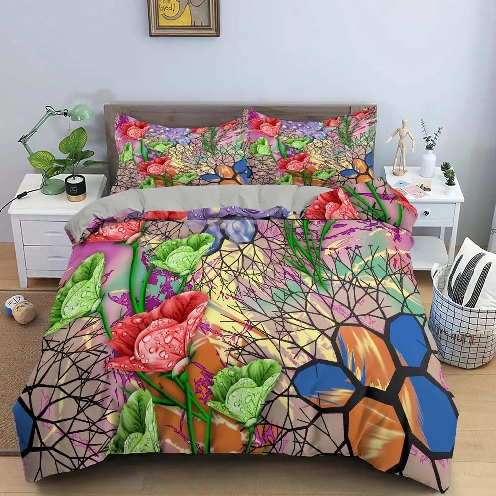 Vintage Blumen King Queen Bettbezug Pfingstrose Sonnenblumen Bettwäsche Set Tropischer Blumen Quilt Bezug Boho Polyester Bettbezug