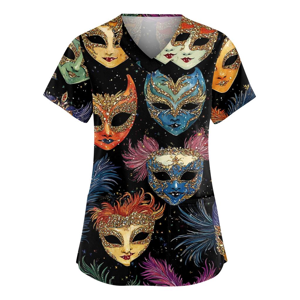 Women's Fashionable V-neck Workwear Printed Short Sleeved Pocket Side Slit Workwear Basic Pullover Top