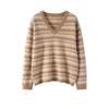 Women's Color Block V-Neck Cashmere Sweater - 2025 Autumn/Winter Korean Style Loose Slimming Pullover