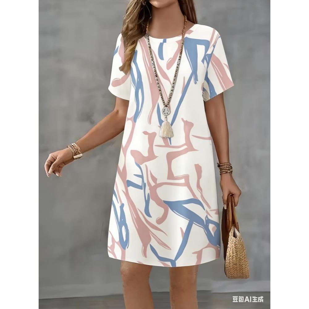 Artistic stripe print dress - Summer women's casual short-sleeved mini skirt