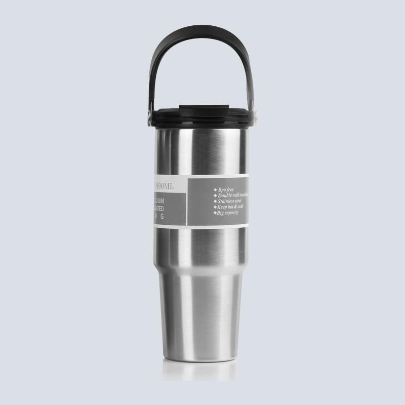 

Stylish Modern Vacuum Insulated Car Cup With Straw And Handle 30oz 20oz Silver