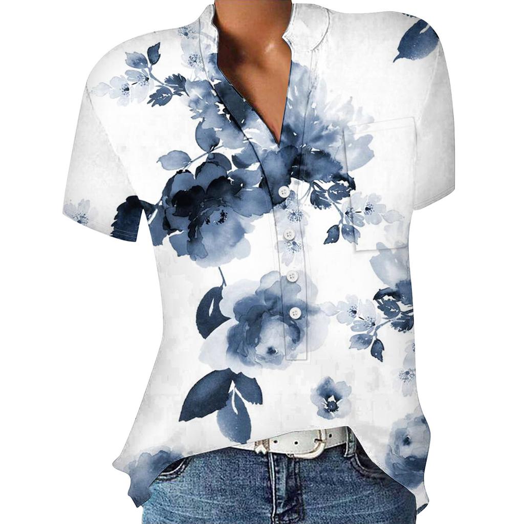 Lässige, bedruckte, kurzärmelige Hemdpullover mit V-Ausschnitt und lockeren Blusenoberteilen für Damen
