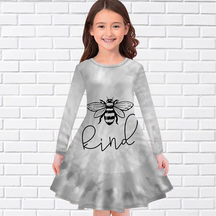 Girl Casual Little Bee Print Round Neck Long Sleeve Dress Kid Princess Dress