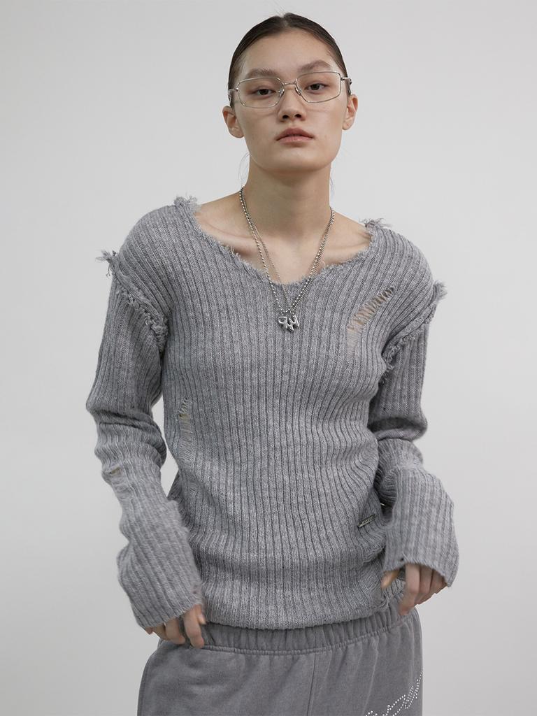 Holpeipeo Damaged Loose Knit Top (Gray)