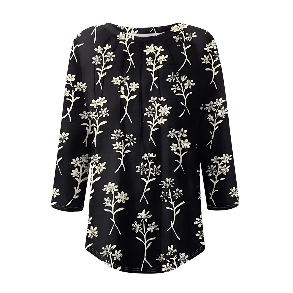 Women's Fashionable Round Neck Seven Quarter Sleeve Retro Printed Casual Basic Pleated T-shirt Top