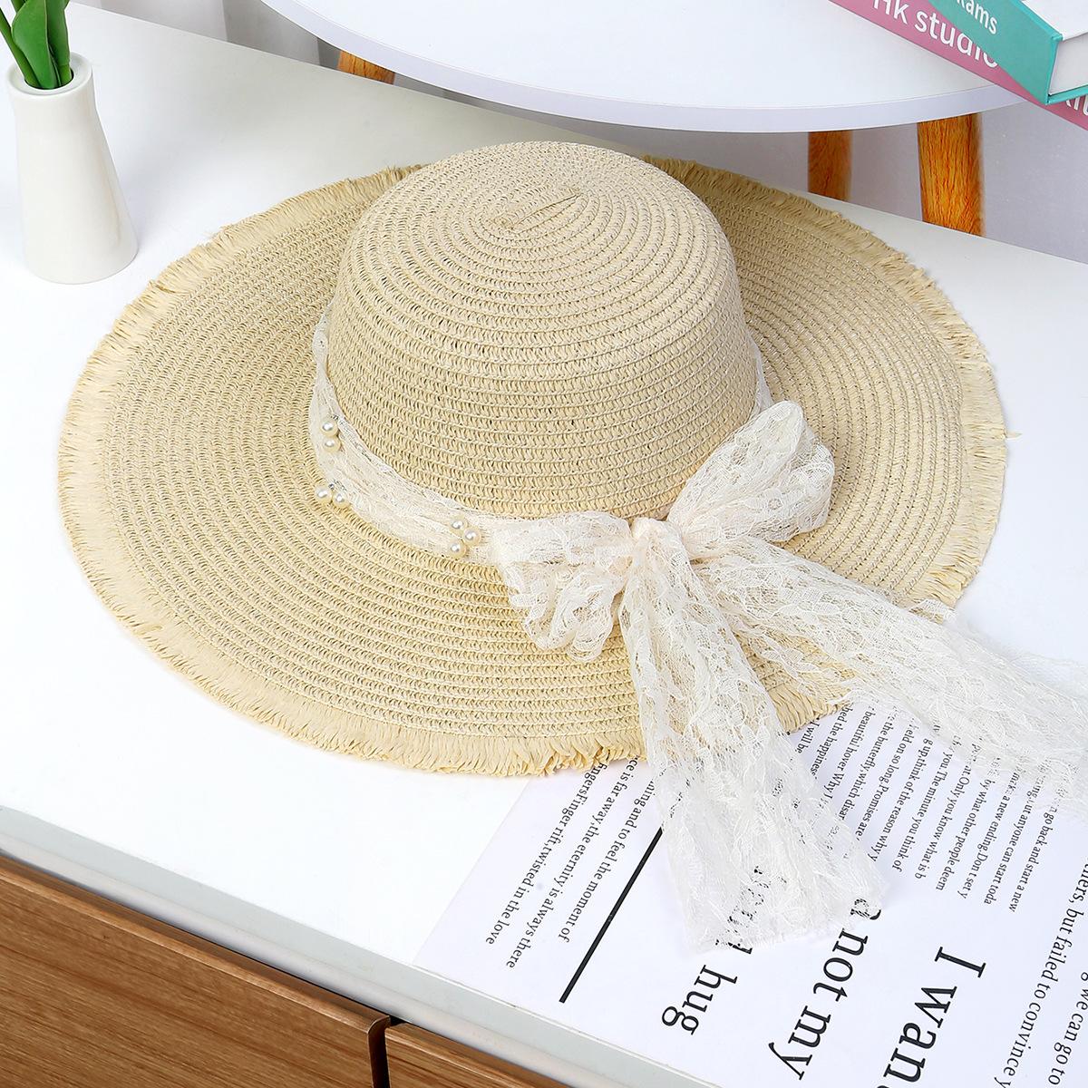 

Соломенная шляпа с кружевным бантом для женщин летом, французская шляпа с большими полями для защиты от солнца, пляжная шляпа для пляжного отдыха One size бежевый
