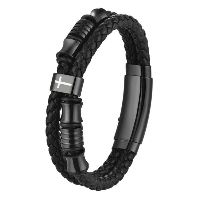 Mens Adjustable Stainless Steel Cross Pendant Braided Leather Bracelet Fashion Casual Wear