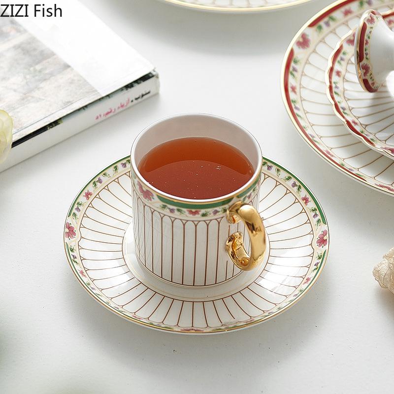 Classical Gold-plated Stripes Ceramic Cup&saucer Dining Table Coffee Cup Milk Mugs Afternoon Tea Teacup Fruit Juice Container