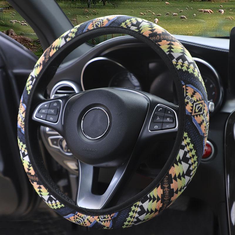 Automobile Linen Steering Wheel Cover With Ethnic Style No Inner Car Elastic Band Ring Steering Wheel Cover Fits 14.5-15Inches