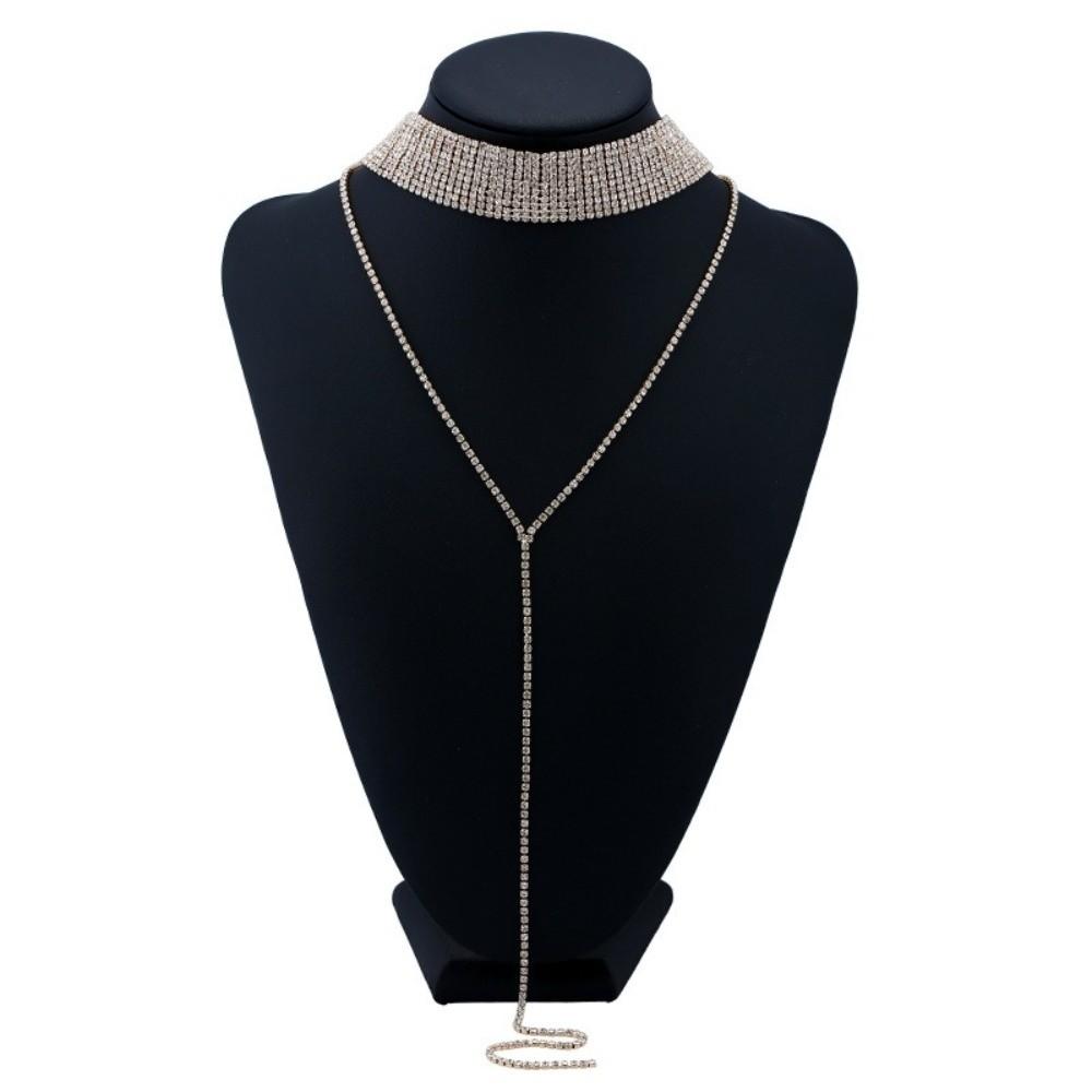 Y-shaped Rhinestone Necklace Multi-layer Long Choker Retro Multi-Layer Necklace  Party