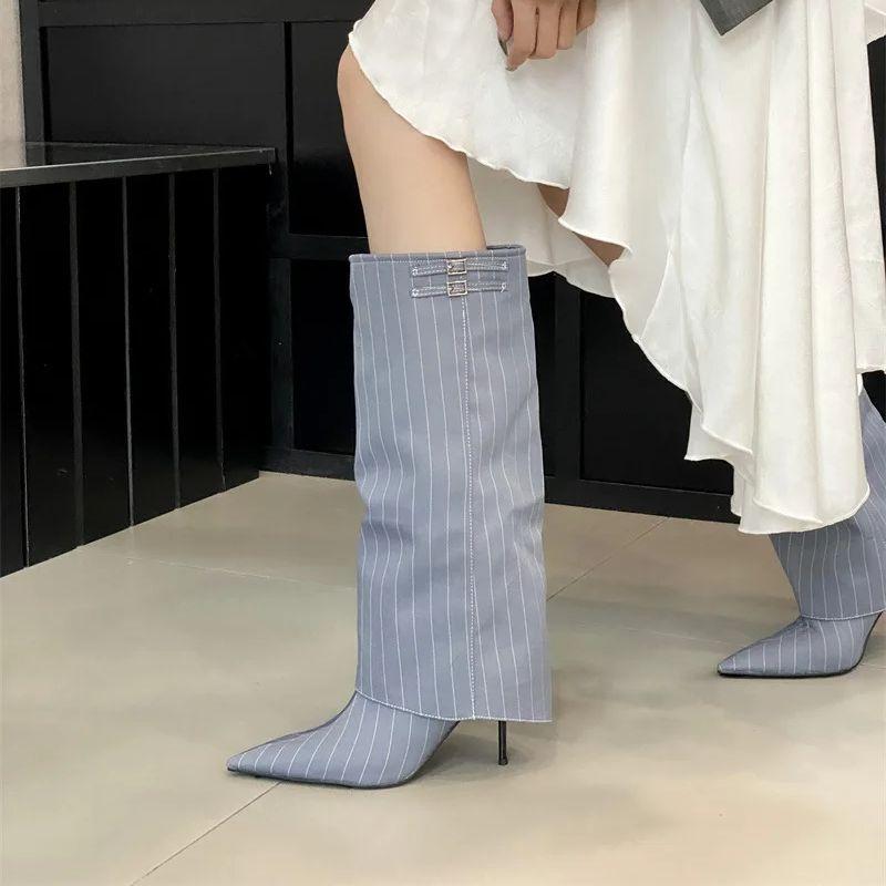 Fashion IPPEUM Women Knee High Boots Thin Heel Denim Point Toe Winter Retro Shoes Botas Mujer
