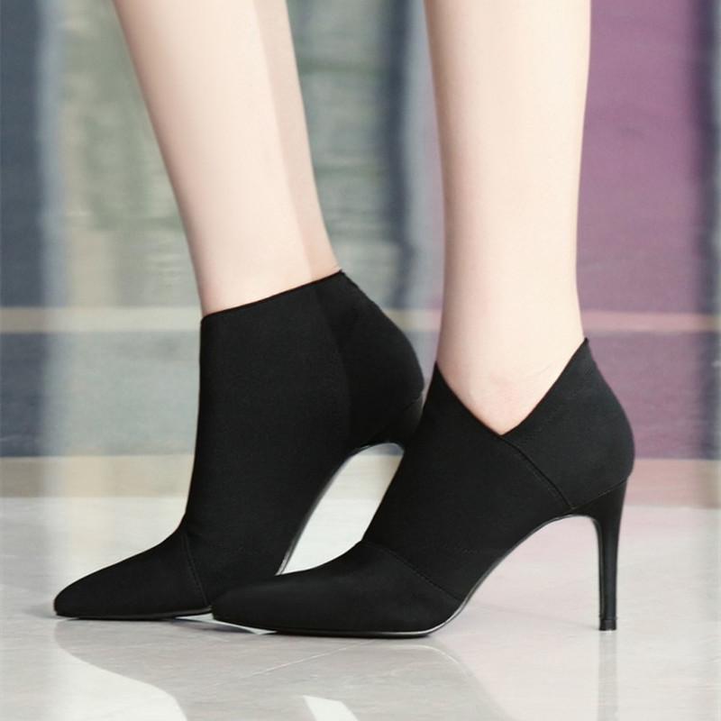 

Модные замшевые эластичные ботильоны с острым носком, женские супертонкие высокие каблуки 8 см, сексуальные женские ботинки серого цвета на каблуке, Botas Mujer 37 чёрный