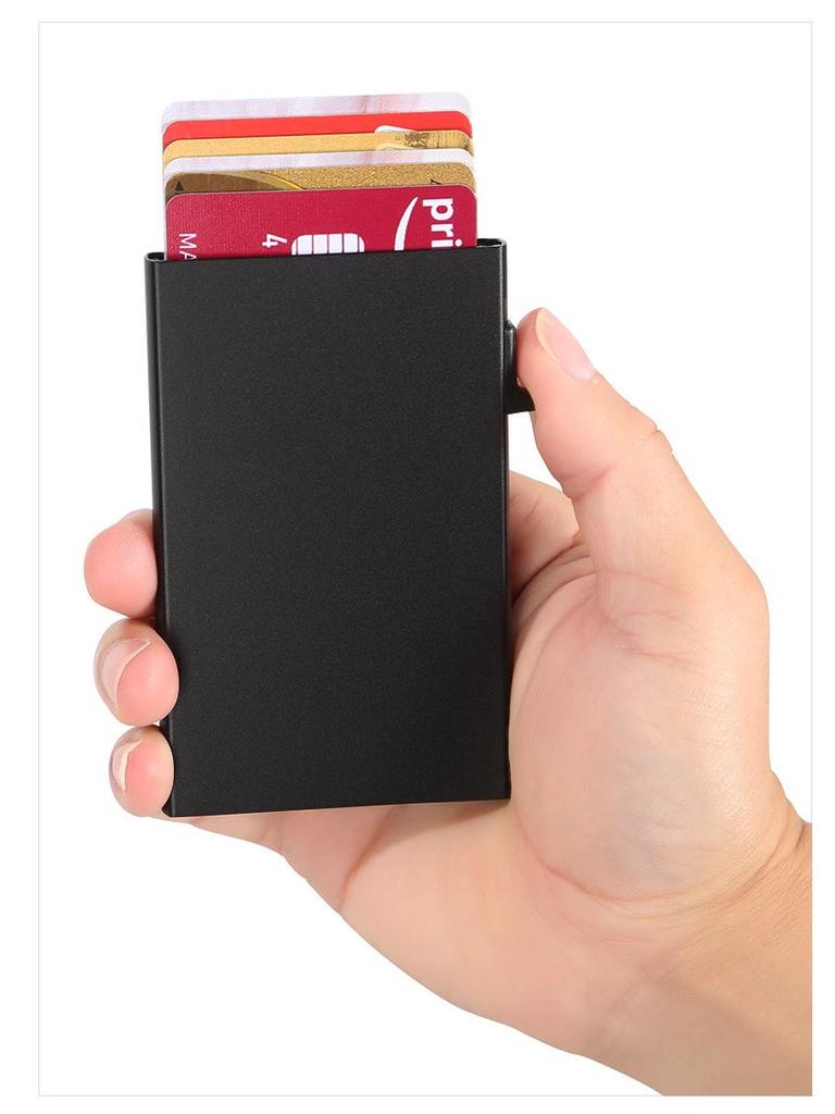 Hand-Push Aluminum Card Holder: Anti-Theft RFID Blocking, Anti-Degaussing, Automatic Pop-Up Credit Card Sleeve