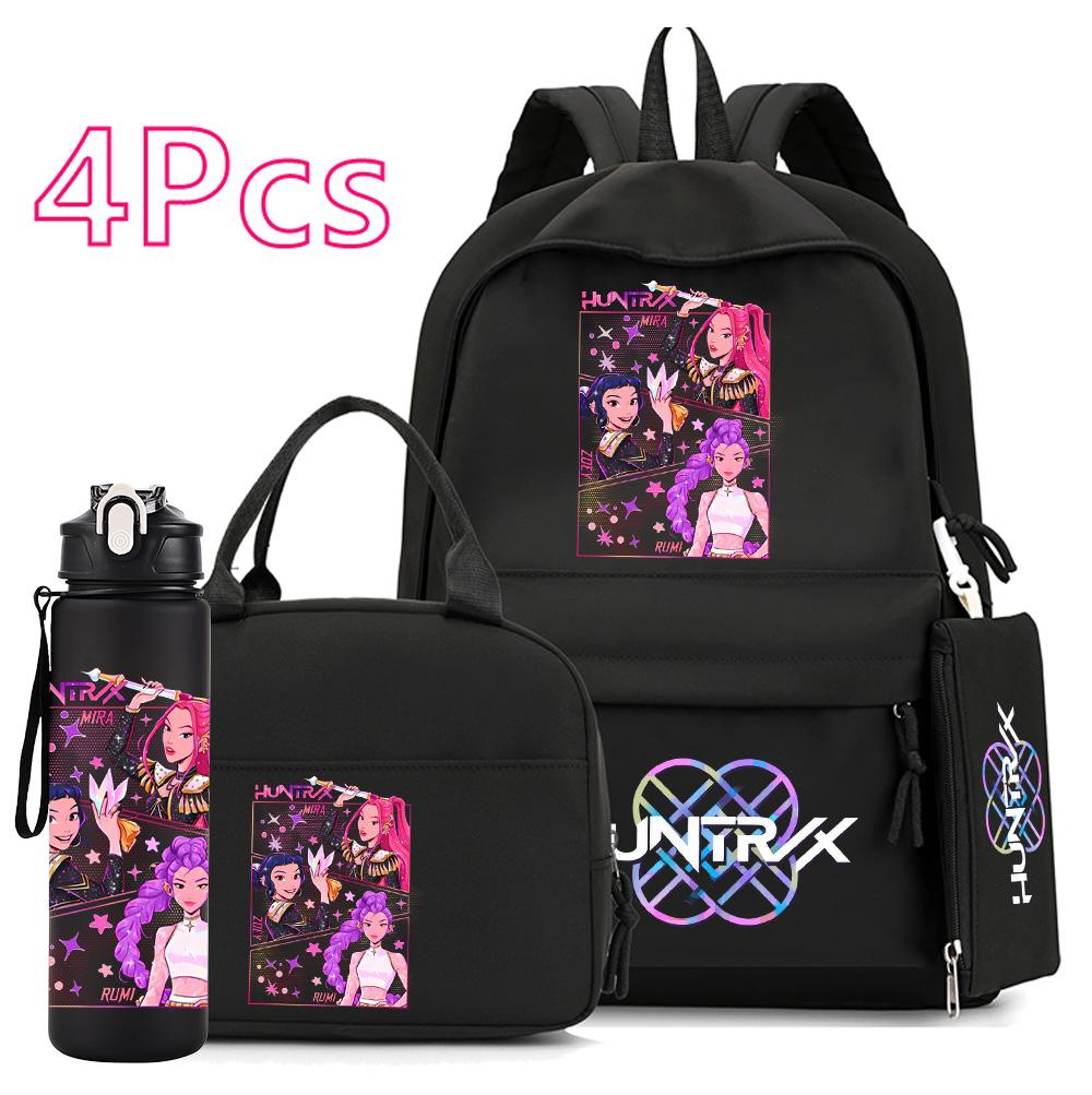 4Pcs/set Anime Demon Hunters Printed 750Ml Water Bottler Backpack Handbag Pencil Case for Teenager Boy Girl Large Capacity Waterproof Schoolbag