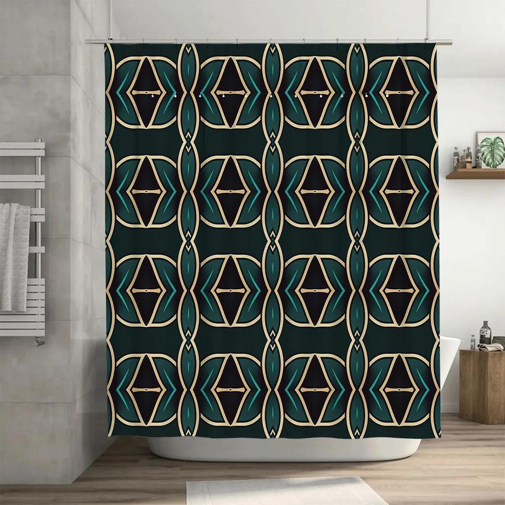 Modern geometric design shower curtain made of waterproof polyester fabric green blue beige pattern for bathroom decor!