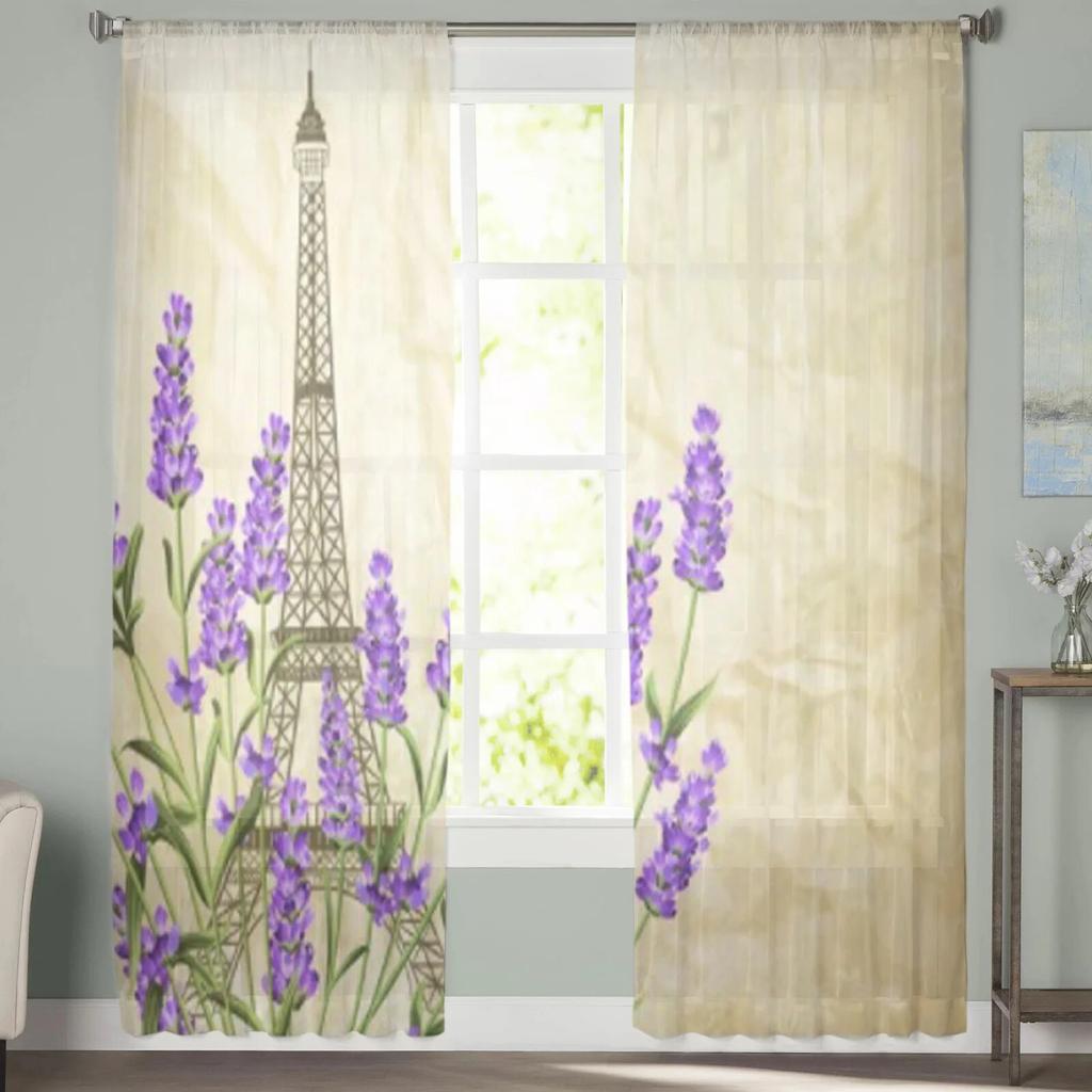 Eiffel Tower With Lavender Sheer Curtains For Living Room Kids Bedroom Tulle Curtains Kitchen Window Treatment Drapes