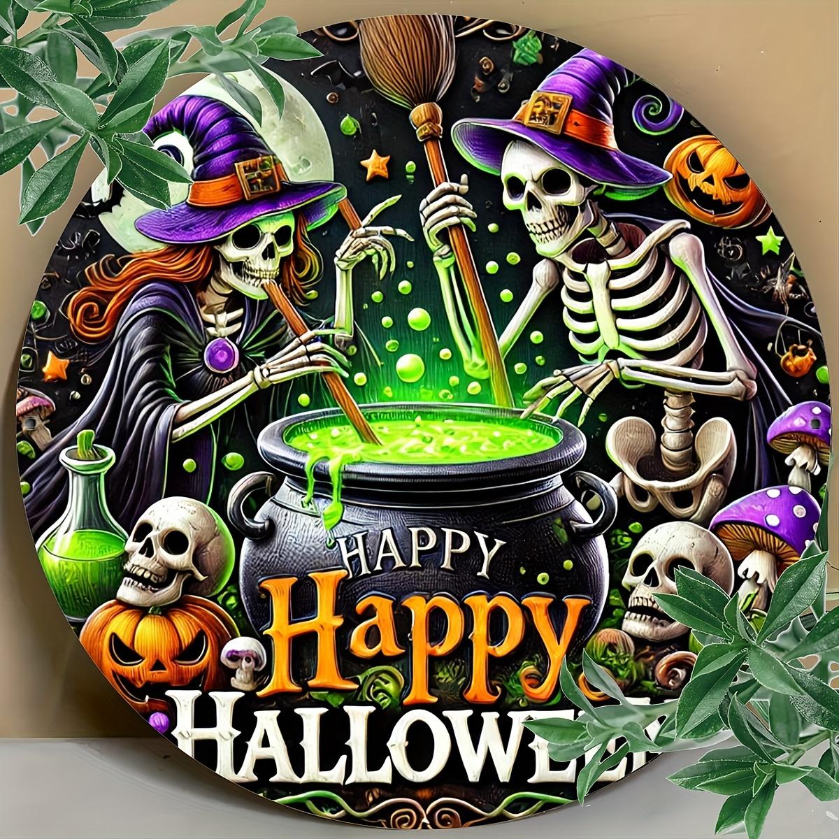 Happy Halloween Skeleton Witch Cauldron Tin Sign Vintage Durable Metal Plaque Wall Decor Spooky Halloween Style Home Office B 20x20cm(8x8inch)