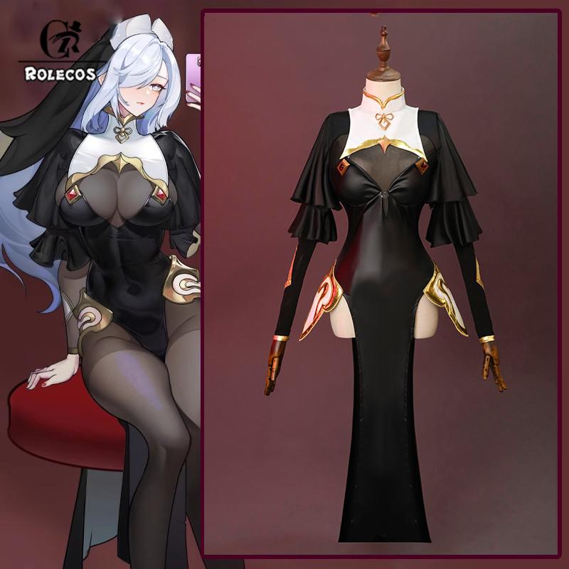 Original Genshin Impact Shenhe Nun Cosplay Costume Women Uniform Halloween Nun Dress Black Apparel Masquerade Outfits