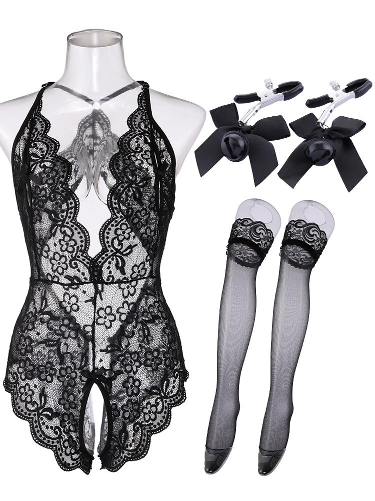 Nou în lenjerie sexy pentru femei Costume transparente Porno Teddy Babydoll Rochie din dantelă Lenjerie de corp de dimensiuni mari Lenjerie de dormit fără crotch