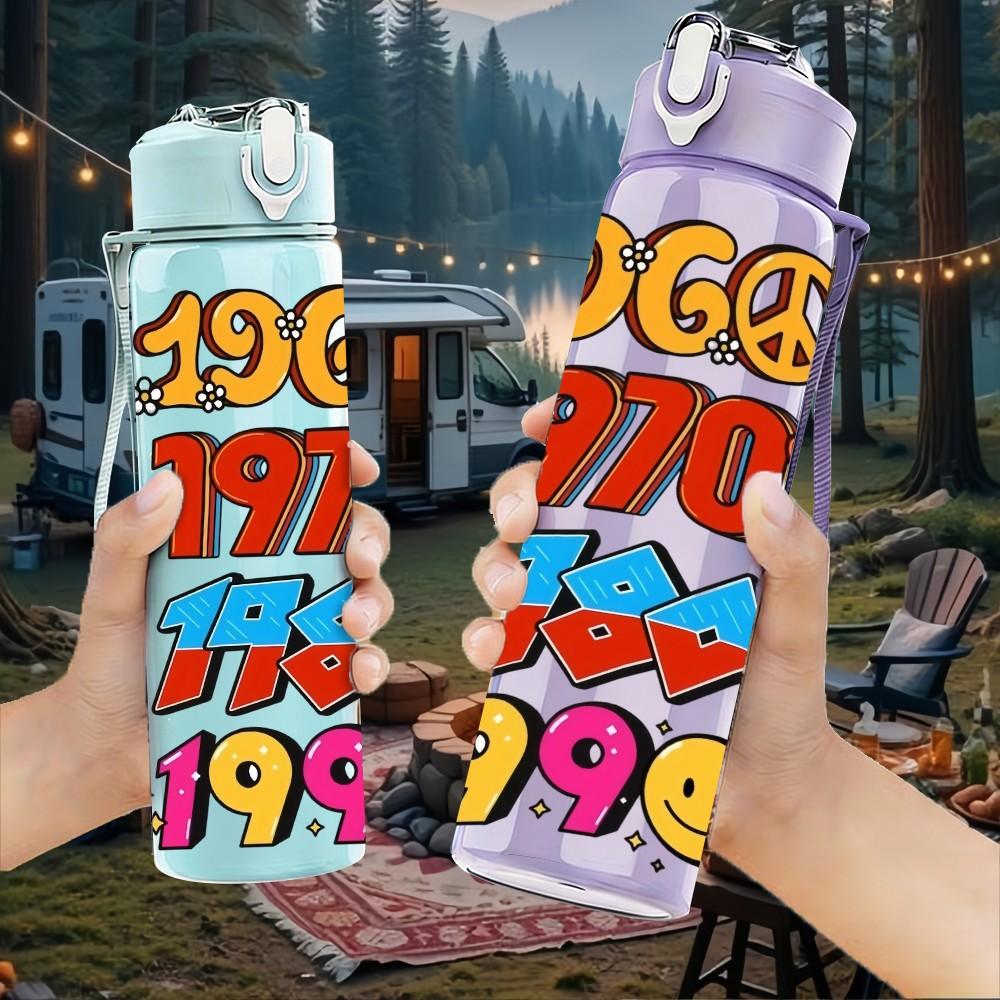 1PC Sixties Seventies Eighties Retro Badge Art 750ml Color Plastic Sports Water Bottle Leakproof Flip Straw Lid Suitable for Sports Office Home Use