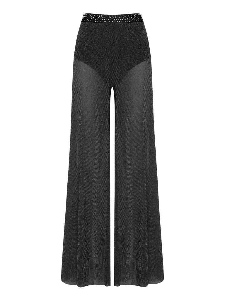 S-XXL Women Lyrical Dance Crop Top V Neck Sleeveless Back Crossing Fringe with Mesh Wide Leg Pants Built-in Briefs for Modern Dance Performance