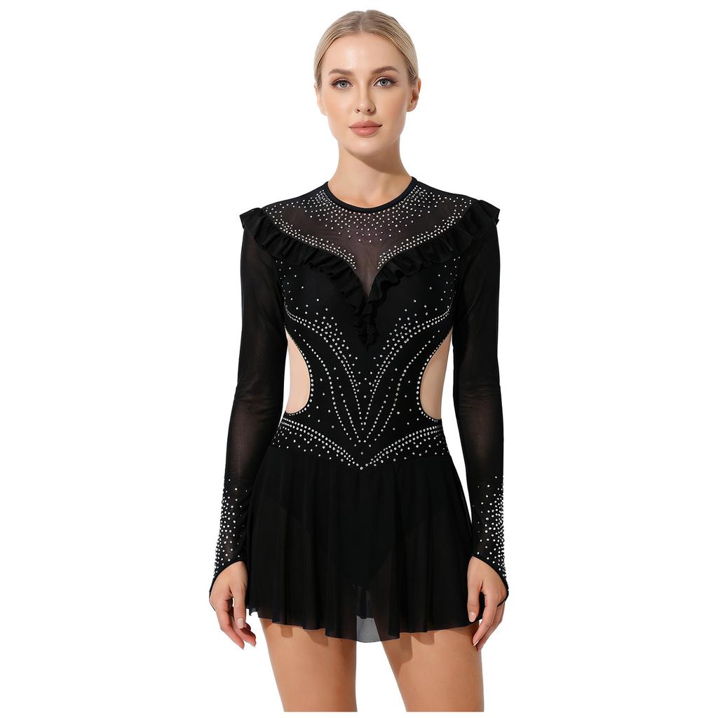 Dámský síťovaný trikot s kamínky Dlouhý rukáv Volánkové lemy Síťovaná sukně Body Šaty Jumpsuit pro krasobruslení