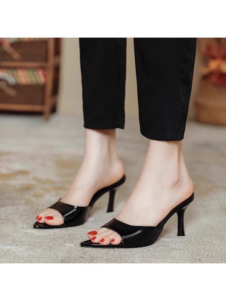 

2024 лето новые высокие модные сандалии женские однотонные на высоком каблуке с открытым носком остроносые на тонком каблуке женские сандалии 35 чёрный