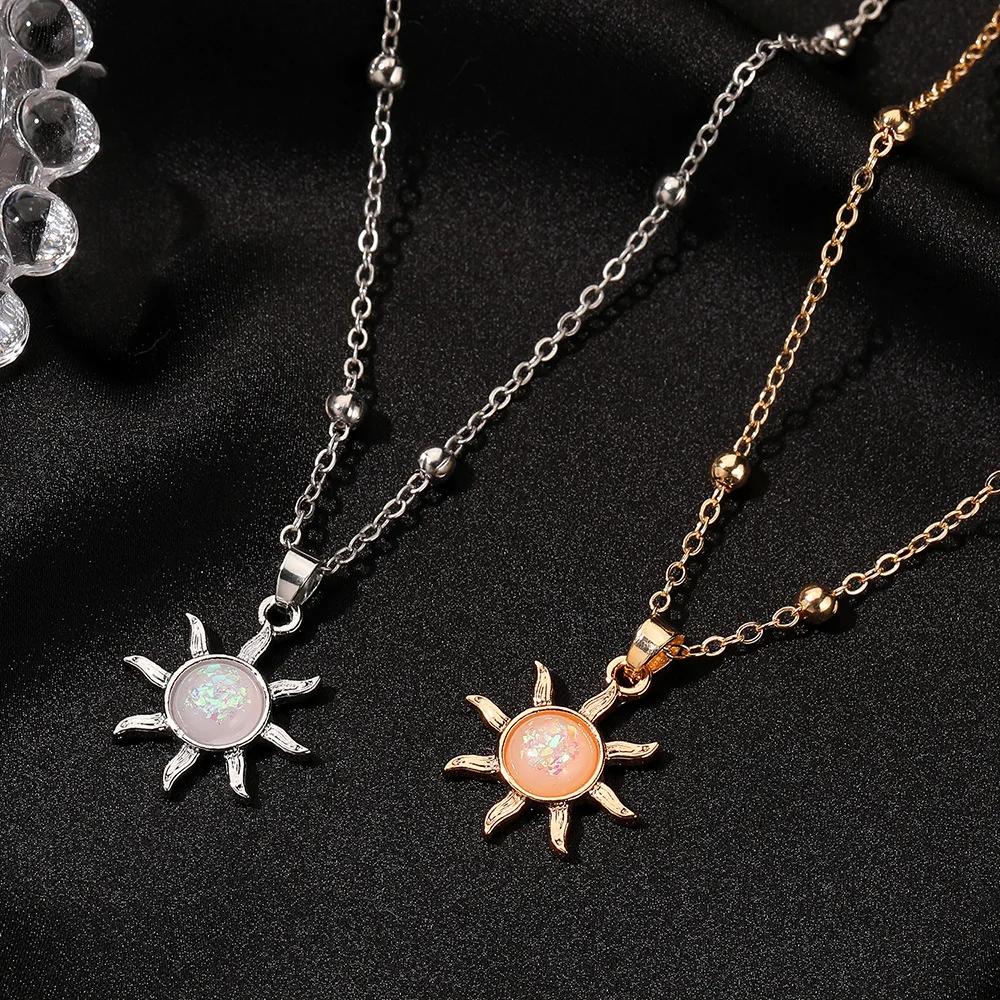 2024 New Summer Neck Chains Opal Sun Pendant Necklaces for Women Temperament Zircon Aesthetic Simple Short Clavicle Necklace
