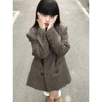 Vintage Brown Woolen Suit Jacket Women's Winter Elegant Loose Casual Thickened Woolen Coat
