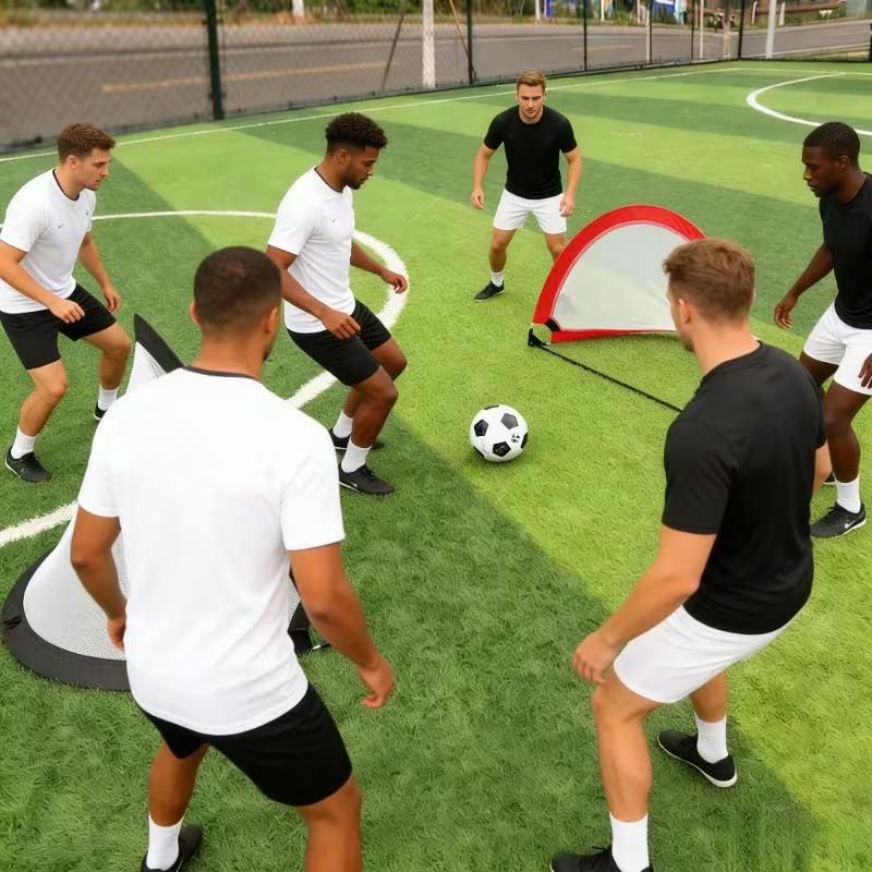 Collapsible 5 Player Football Goal With 3 Ground Stakes Carry Bag Oxford Fabric Pop Up Net Assorted Colors Soccer Practice Gifts