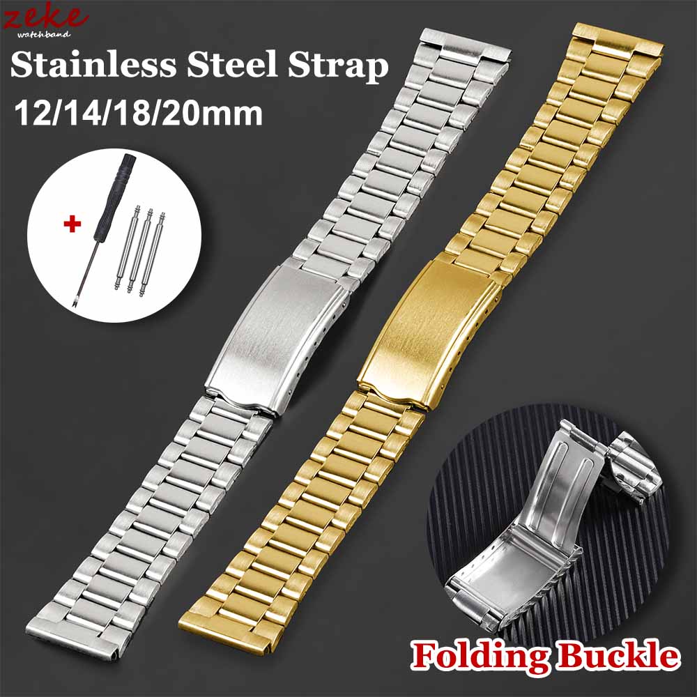 Stainless Steel Watch Band Folding Buckle Strap 12mm 14mm 18mm 20mm Metal Bracelet Silver Gold Universal Watchband for Men Women