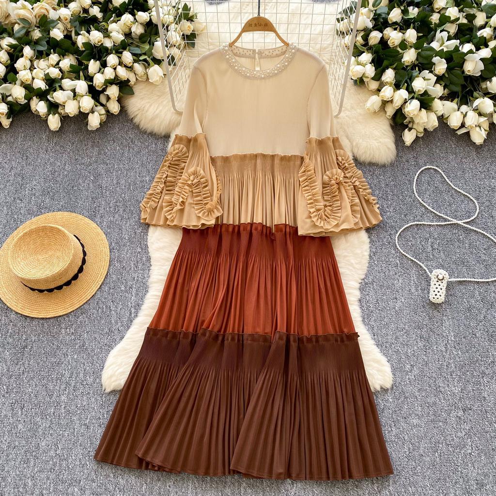 Miyake's New Color Matching Crew Neck Bead Temperament Large Size Women's Pleated Dress