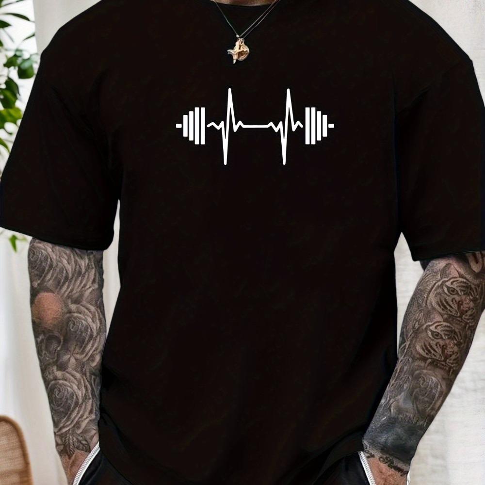 Mens Dumbbell and Heartbeat Pattern Summer New Product Unisex Casual Fitness Sports Tshirt