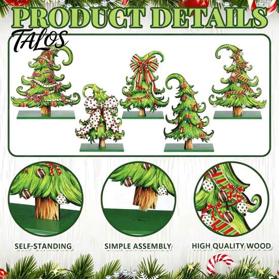 Christmas Table Centerpieces 5 Pcs Wooden Tabletop Tree Signs, Rustic Standing Green Desktop Decor Ornament with Curly Topper for Winter Holiday