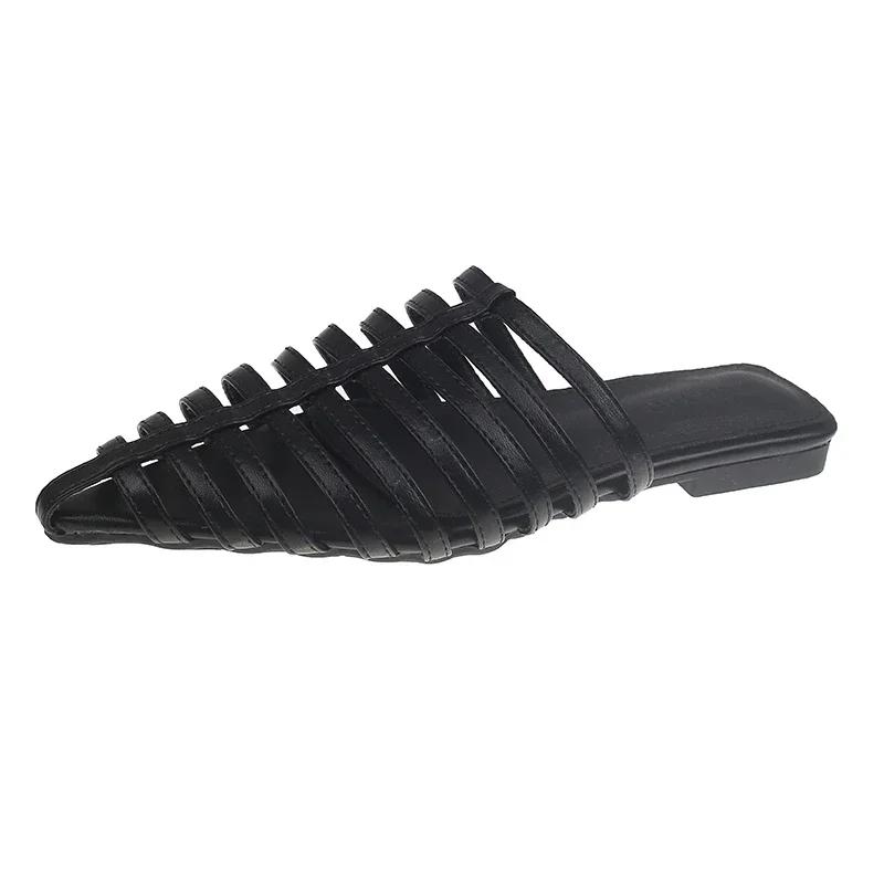 

Модные летние женские модные шлепанцы на плоской подошве с закрытым носком и острым носком, с узкой перемычкой, женская обувь для платья, дышащие zapatillas de mujer 35 чёрный