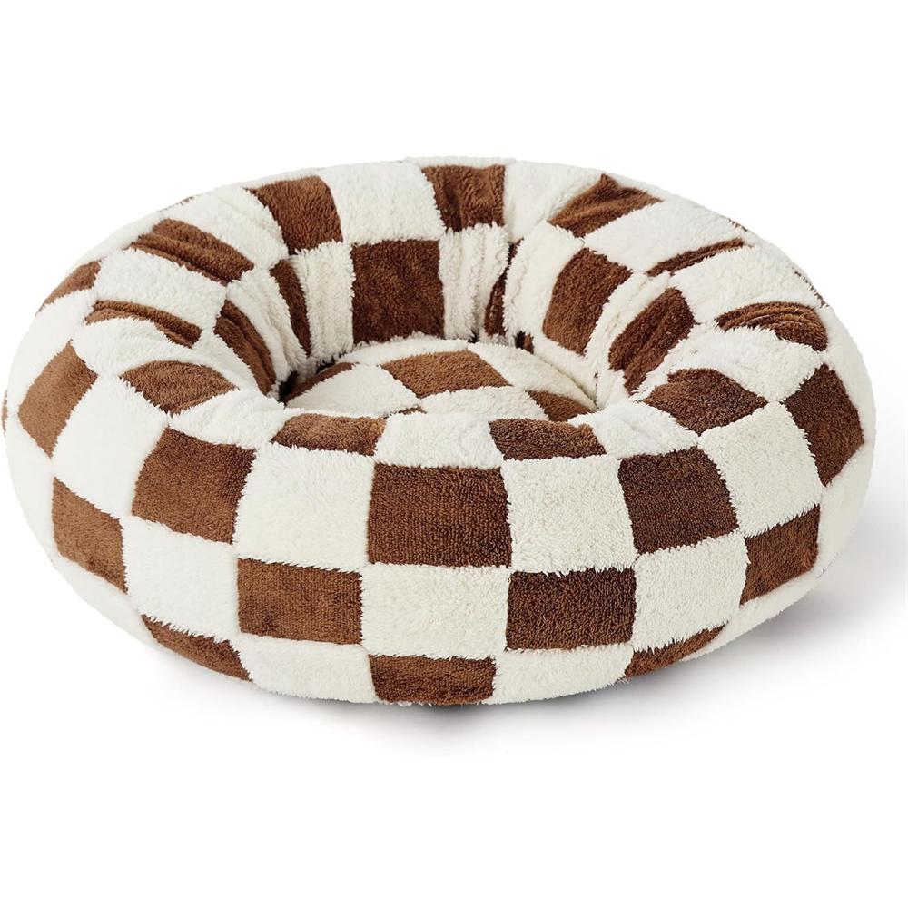 

Плюшевая кровать для домашних животных, зимнее теплое круглое гнездо для кошек, милые кровати для сна маленьких собак, мягкая короткая плюшевая подушка для щенков и кошек 50x50x18cm коричневый