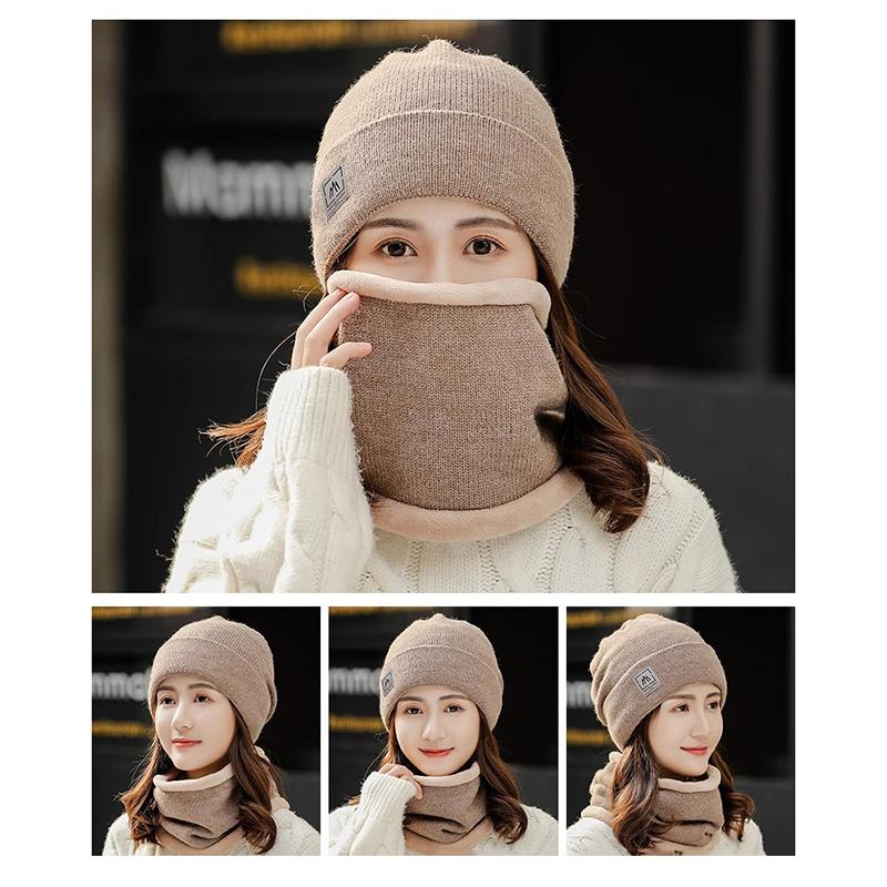 Women Knitted Beanie+Scarf Sets Thicken Velvet Lining Pullover Cap Unisex Winter Warm Plush Bonnet Neck Protection Scarves Hat