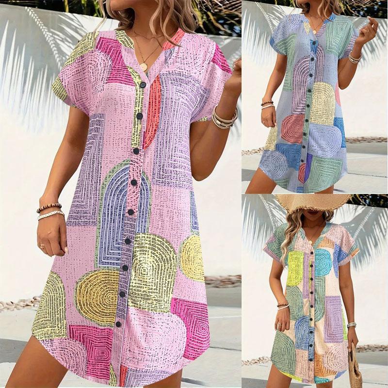 This Women's Geometric Pattern Printed Dress Is Fashionable LooseV-neck Button-down and Short-sleeved