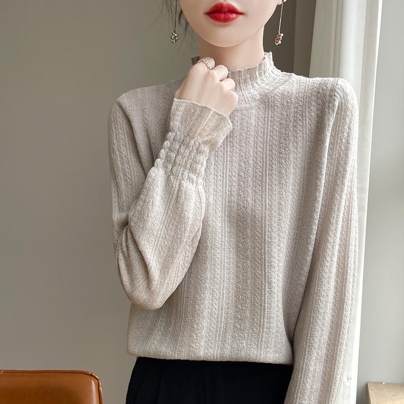 Spring Wool Women's Knitwear High Neck Fashion Pullover Top Bottom  Sweater