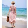 Johnature Woman Autumn Short Sleeves Dress Vintage Solid Color Loose Chinese Style V-Neck Dress
