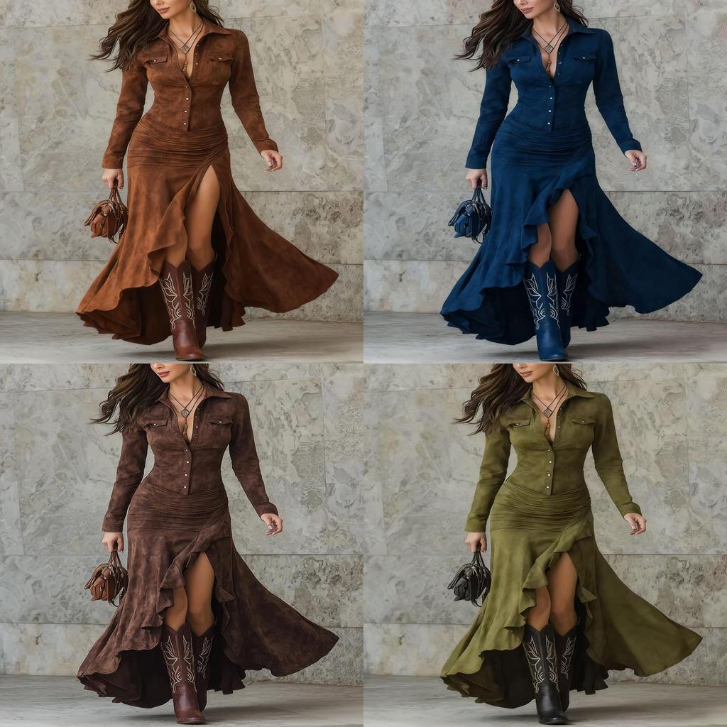 English Dress Long Sleeve Round Neck Zip Back Asymmetrical Hem For Casual Autumn
