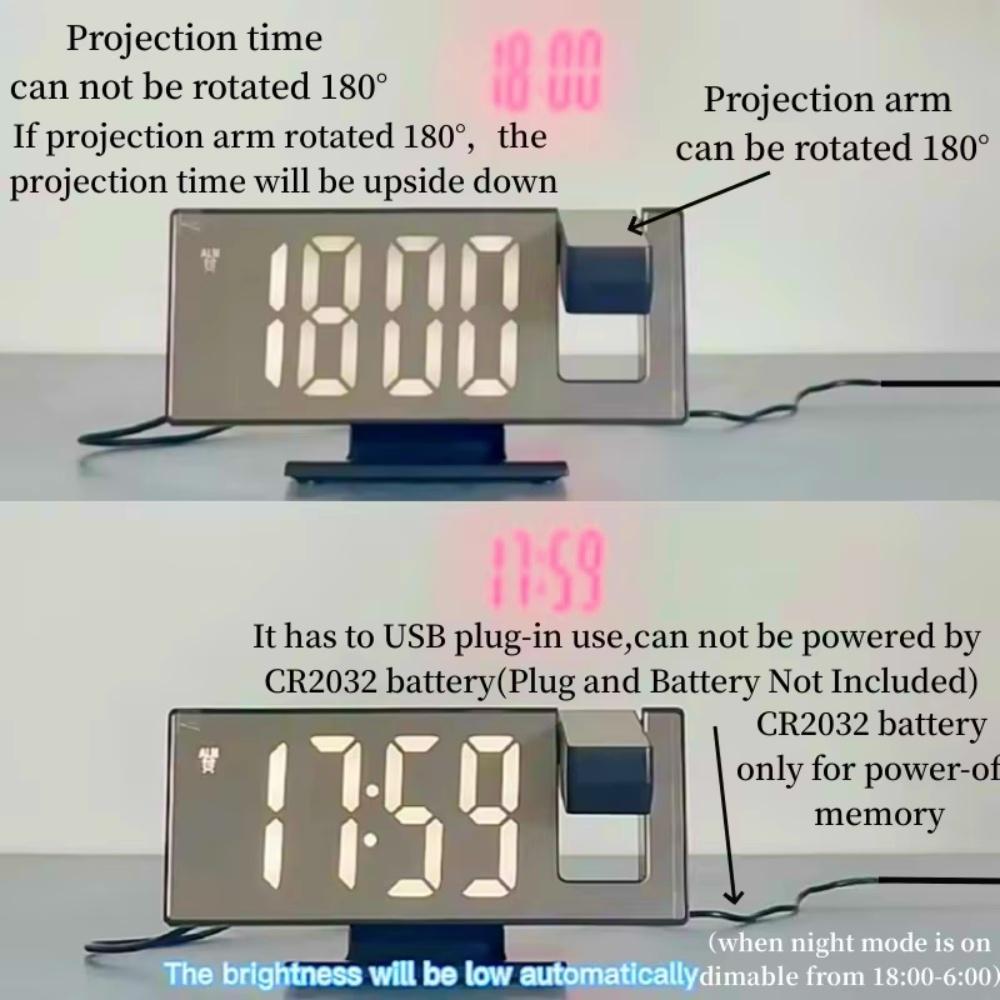 180° Arm Projection Alarm Clock Time Temperature USB Plug-in Digital Alarm Clock Snooze Table Clock 12/24H Projector LED Clock