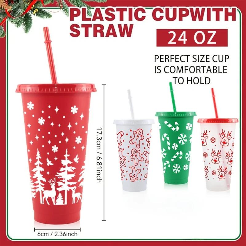 New Christmas Plastic Cup 710ML PP Straw Cup With Lid Reusable 24OZ Water Bottle Juice Iced Coffee Milk Cups for Santa Parties