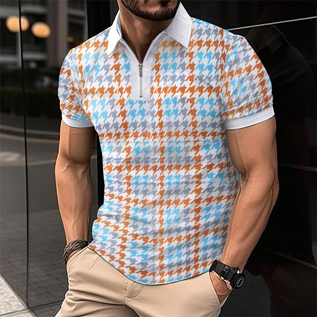 Men's Casual Polo Shirt Striped Short Sleeve T-Shirt Men's Breathable Top Commercial Zipper lapel Street Casual Wear