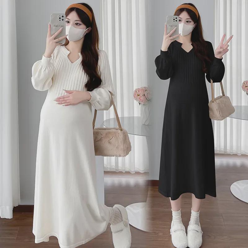 Korean Style Long Knitted Maternity Sweater Dress for Autumn/Winter