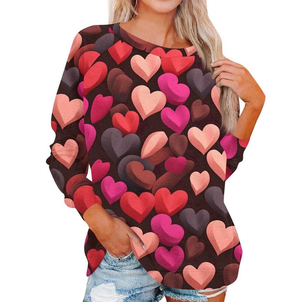 Damen Modisches Rundhals Schulter Langarm Valentinstag Bedrucktes Lässiges Pullover-Oberteil