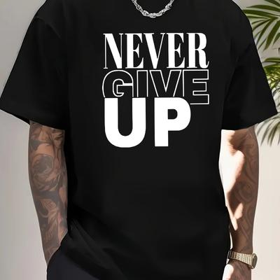 Herren Sommer Baumwolle modisch lässig Sport locker Nie aufgeben Buchstabe gedruckt Rundhals Kurzarm T-Shirt Oberteil