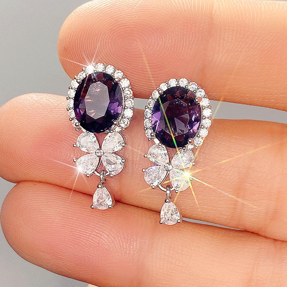 

Huitan Gorgeous Purple Cubic Zirconia Dangle Earrings for Women Exquisite Birthday Gift Fashion Accessory Wedding Party