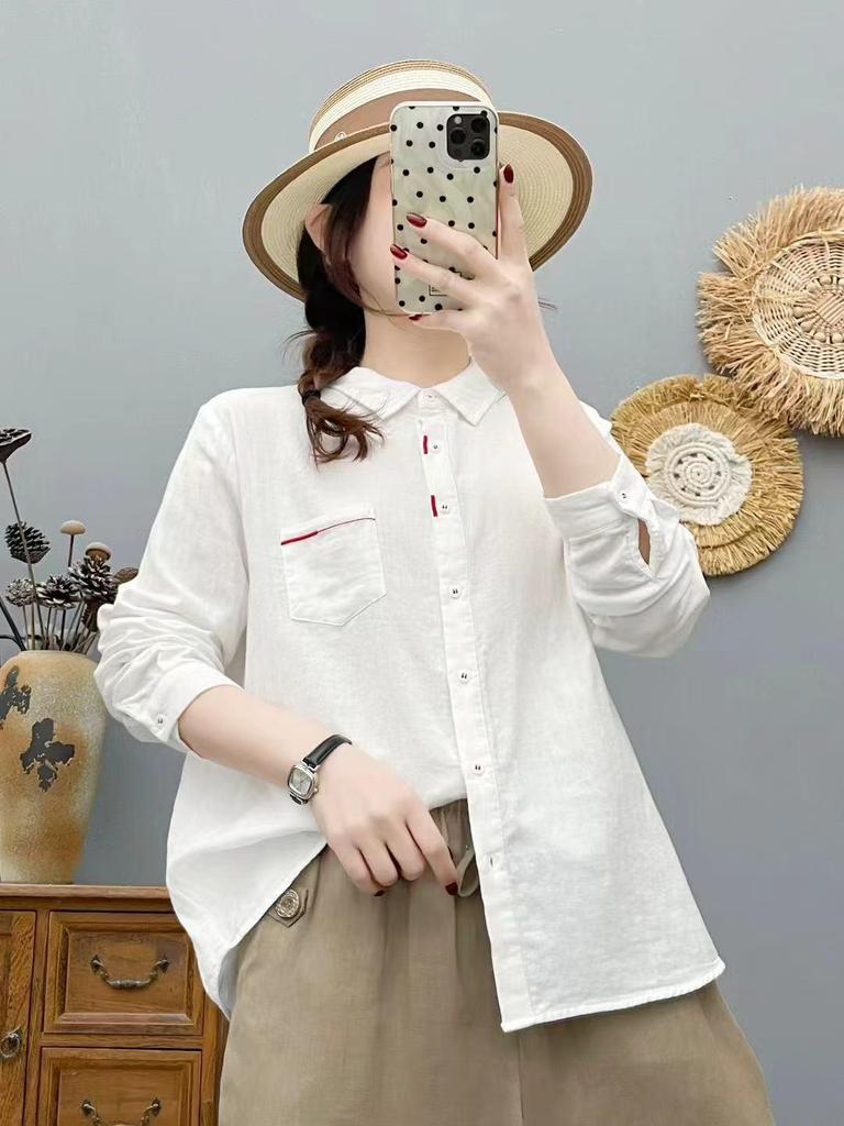 2026 Spring Artistic Long Sleeve Double Layer Cotton Gauze Shirt - Women's Loose, Slimming, Solid Color Top