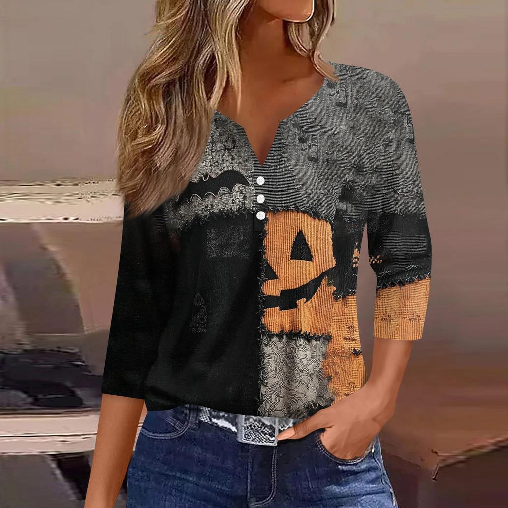 Women's Fashion Button-Up V-Neck Three-Quarter Sleeve Halloween Print Top